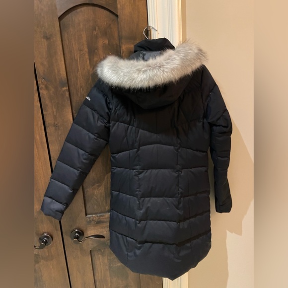 Women’s long fitted winter jacket. Columbia, Dark Navy blue (almost black). - Picture 2 of 5